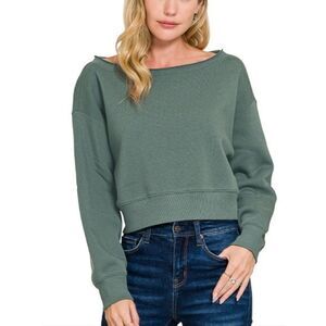 Zenana Fleece Boat-neck Sweatshirt Women’s Sage Green Cropped Boatneck Sweater s